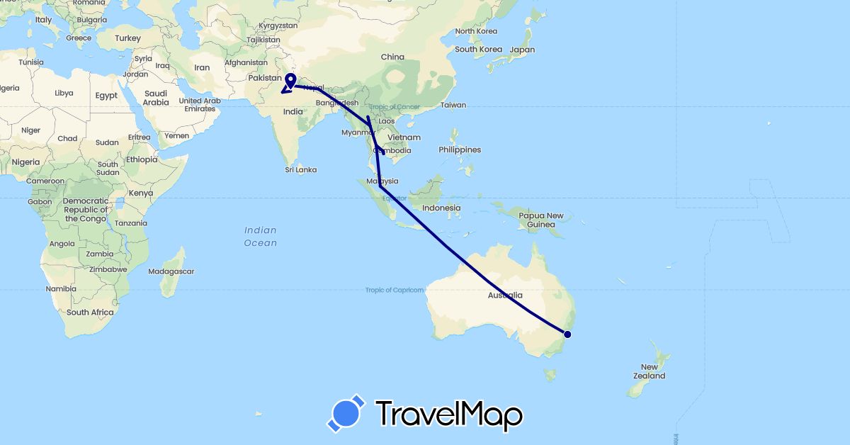 TravelMap itinerary: driving in Australia, India, Myanmar (Burma), Malaysia, Nepal, Singapore, Thailand (Asia, Oceania)